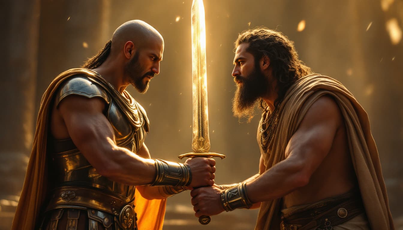 AI generated: Ultra-realistic medium shot of Parushat giving Arius a real sword, light shining from the blade. [Pa...