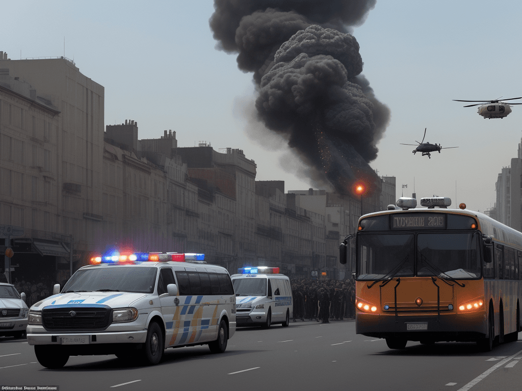 AI generated: A speeding bus with a bomb on board races forward, while a police helicopter hovers in the distance,...