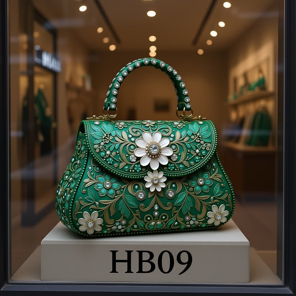 AI generated: Emerald bag displayed in a boutique window.

With the discreet watermark "HB09" at the bottom of t...