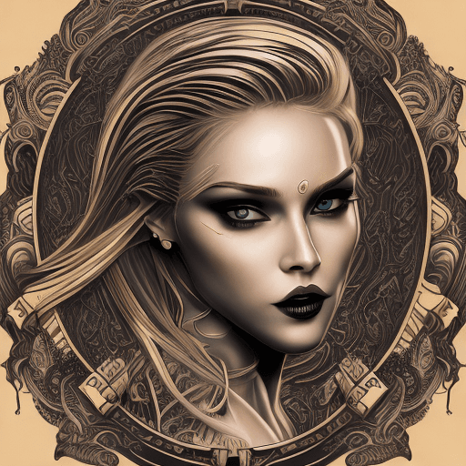 AI generated: a blonde woman in black shirt with her arms folded against , in the style of tattoo, normcore, dark ...
