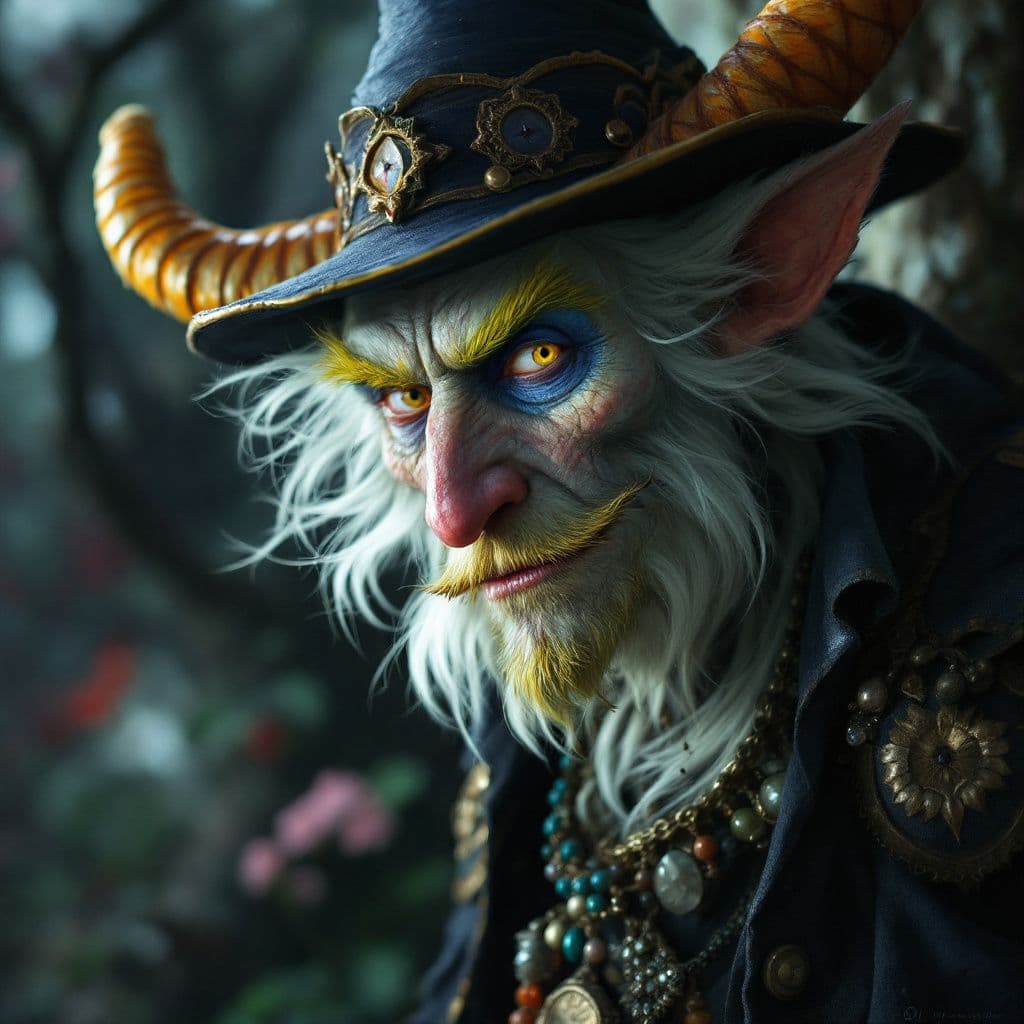 AI generated: A portrait of a folklore character, such as a sly trickster or a benevolent spirit. The style is rem...