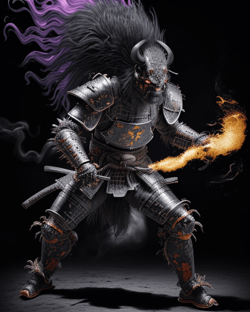 AI generated: an ugly behemoth masked divinity samurai like creature in action and unleashing an attack against en...