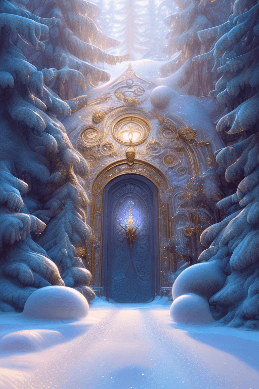 AI generated: mdjrny-v4 style, ethereal winter flowers, carved snow door at the end of snow steps, magical atmosph...