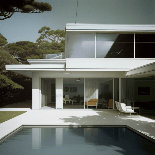 AI generated: Hyper realistic eye level exterior photo of a mid century modern style house overlooking the ocean, ...