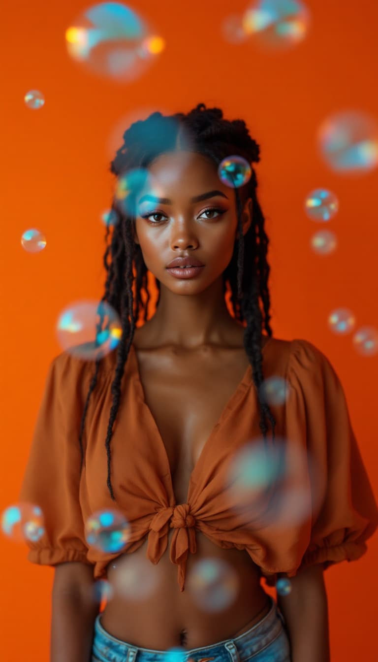 AI generated: photography, orange tone, a mulatto model with beautiful eyes, with penetrating gaze, full body with...