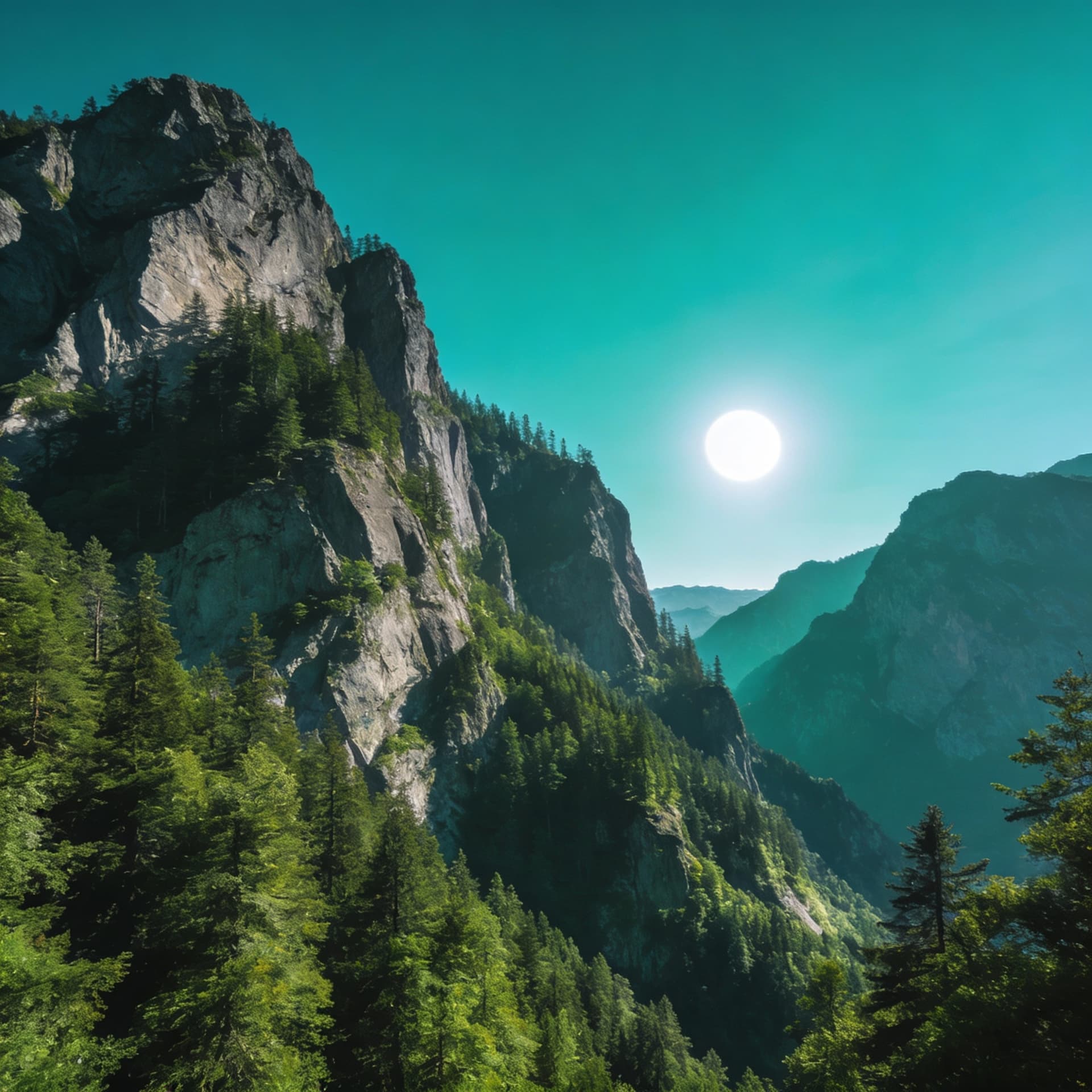 AI generated: a scenic landscape with tall mountains and trees but the sky has a more teal color and the sun is wh...