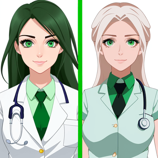 AI generated: ULTRA cute medical women, 2D, GREEN EYES, white background outline, V5