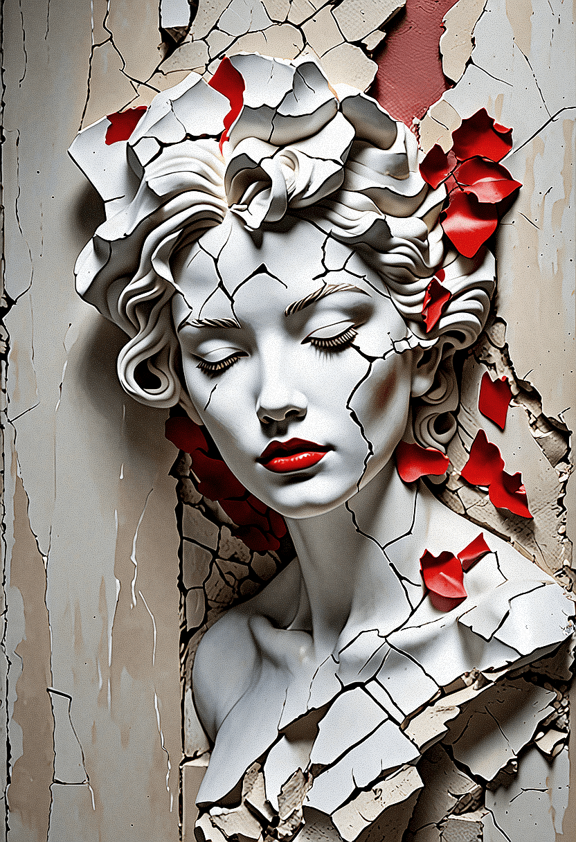AI generated: An image of a classical sculpture of a cracked female  face with serene, closed eyes and full red li...