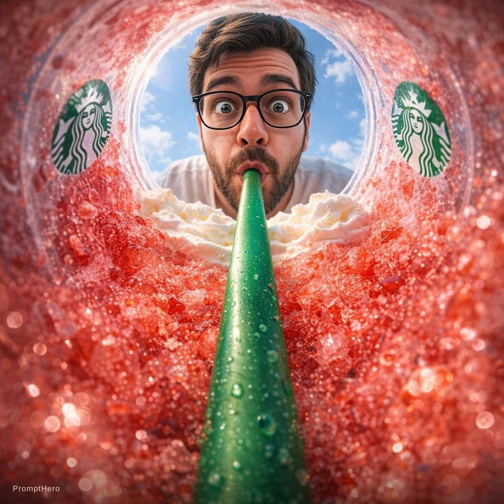 AI generated: {
  "prompt": "View from inside a Starbucks strawberry frappuccino cup looking up, fisheye lens extr...
