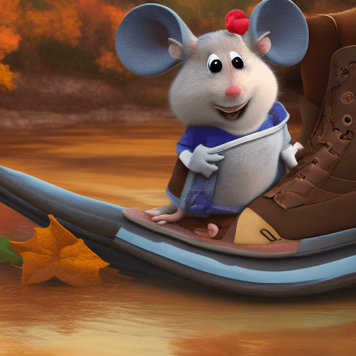 AI generated: A mouse sitting in a boot on a river. Pixar style