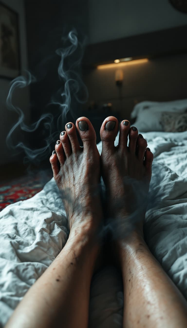AI generated: POV first-person, I am a jinn lying on my bed. Only my feet are visible in the frame.

My legs are s...