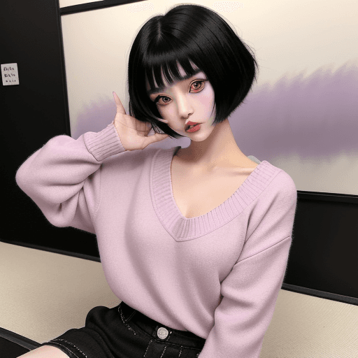 AI generated: Japanese girl, jirai-kei makeup, xiaohongshu makeup, douyin girl, short black hair, shaggy black hai...