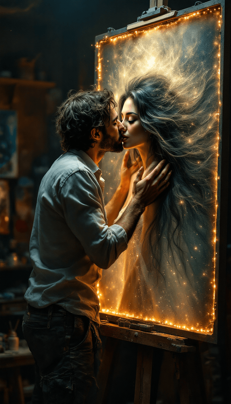 AI generated: A passionate, surreal moment in an artist’s studio where a rugged male painter, dressed in a slightl...