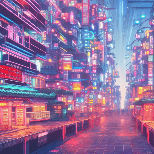 AI generated: anime style futuristic city in japan with neon lights and traditional japanese architecture building...