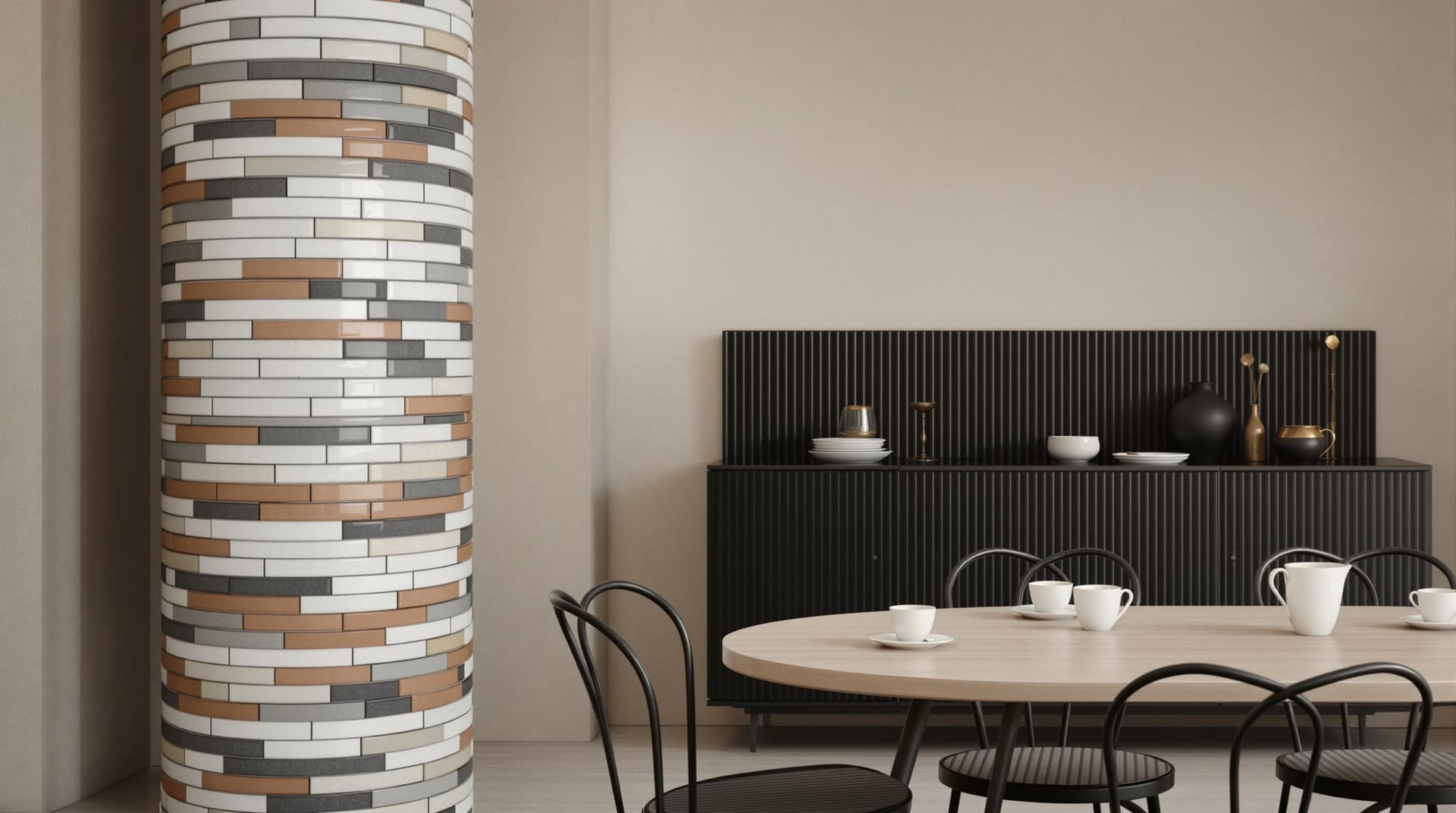 AI generated: Sophisticated interior scene featuring a minimalist dining area. A light wood, oval-shaped table is ...