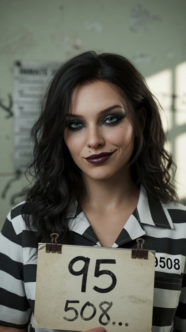 AI generated: Ultra-realistic photography of a strikingly beautiful young woman in a prison mugshot setting, early...