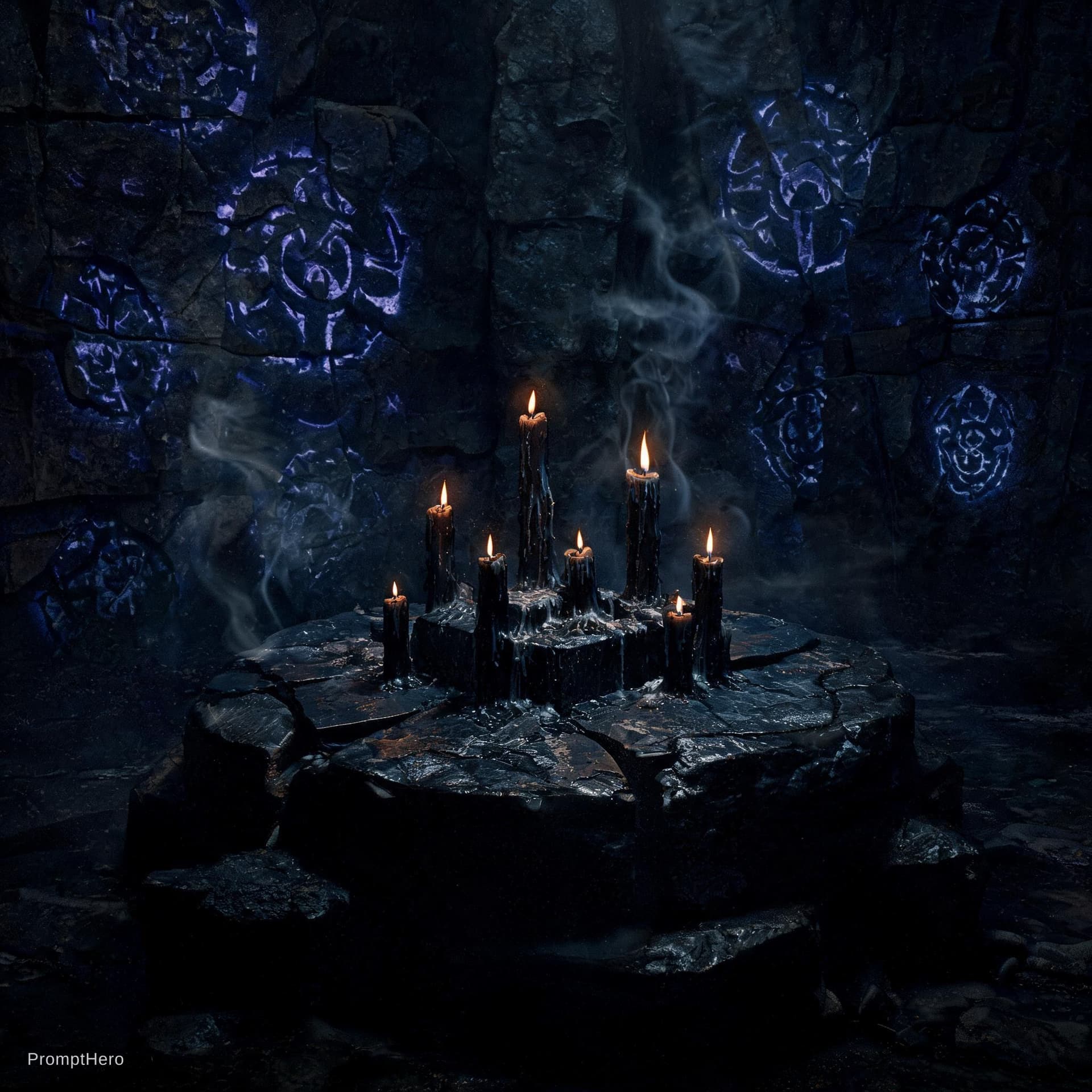 AI generated: Dark esoteric ritual chamber, cracked stone altar lit only by guttering black candles, faint glowing...