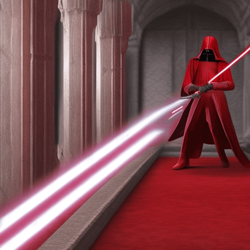 AI generated: Una aprendiz de Sith blande su espada láser roja en el interior de un templo. Imagen ultrarealista.