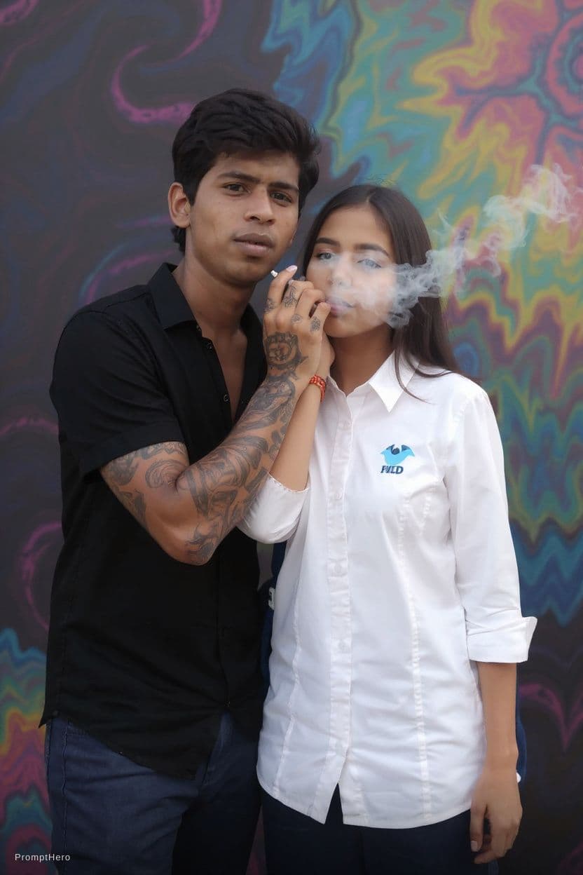 AI generated: create a gorgeously mysterious and cool couple, the guy has black hair, edgy look/ punk and a confid...