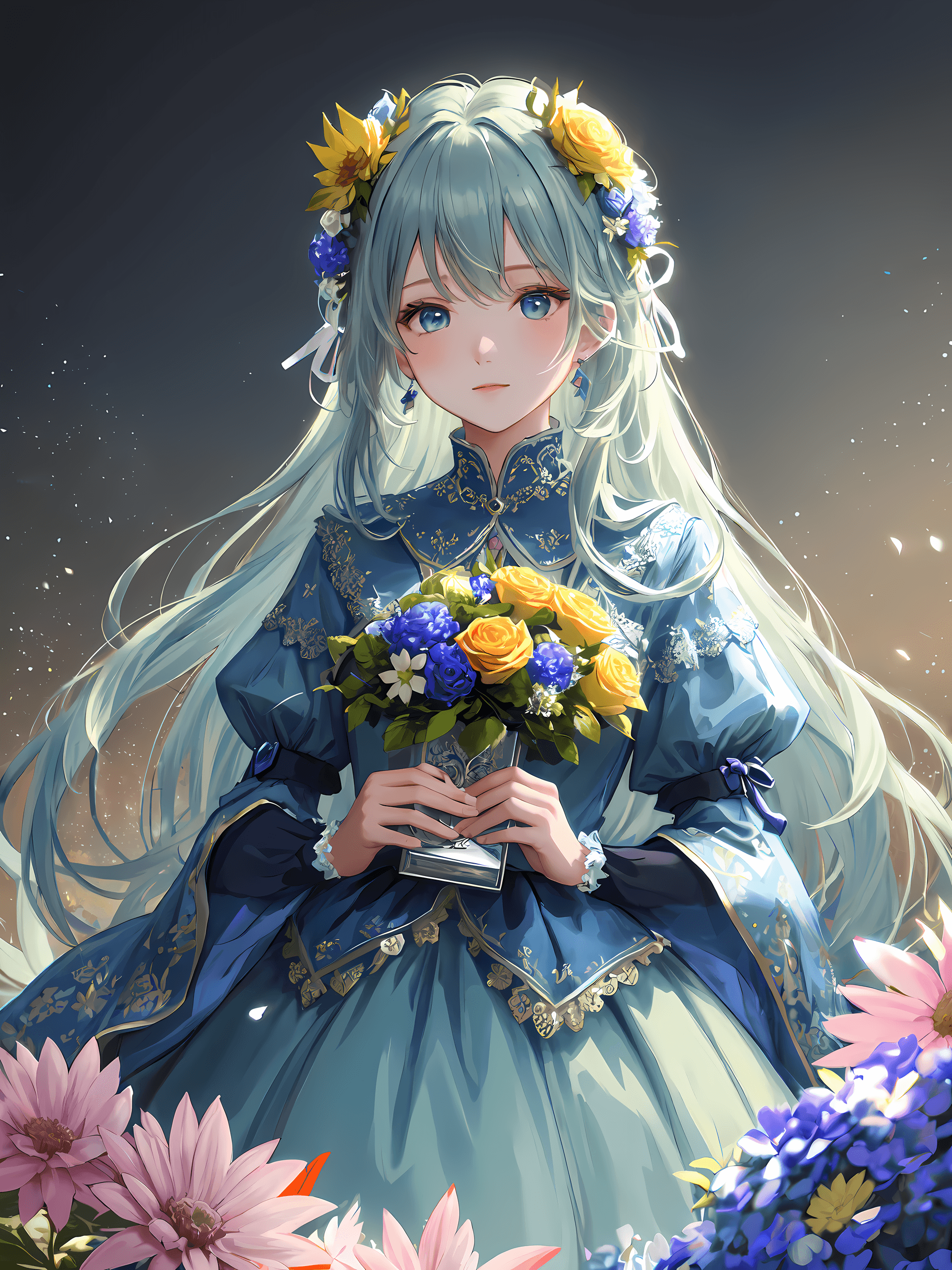 AI generated: (masterpiece, award winning, highest quality:1.2), woman, detailed face, pale blue eyes, flower dres...