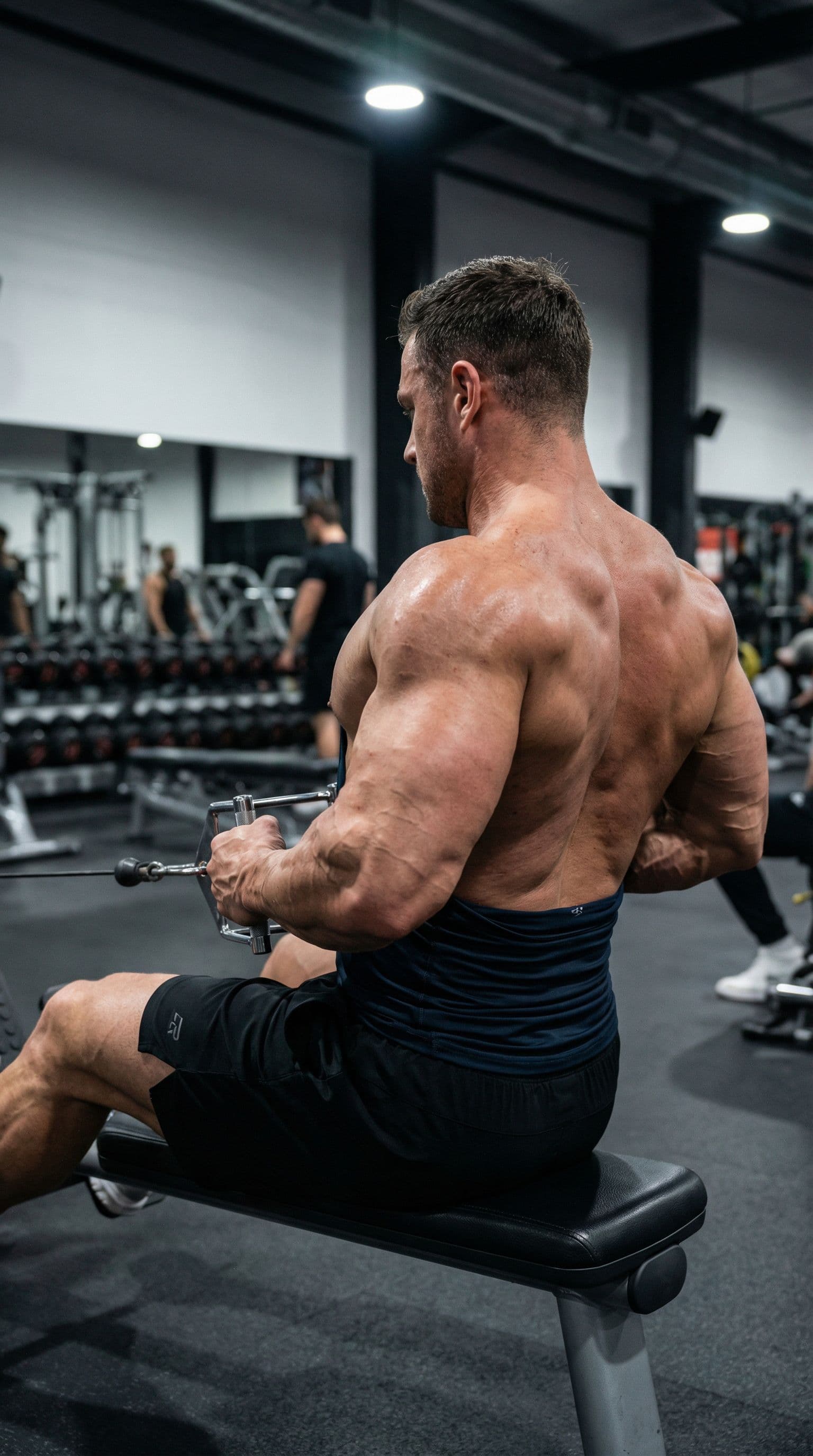 AI generated: A hyper-realistic photograph of a muscular bodybuilder man performing a close-grip cable row in a mo...