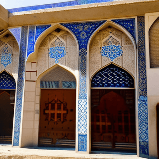 AI generated: A 3 floor building in Isfahan, nearby a mosque, end of a small alley , at noon