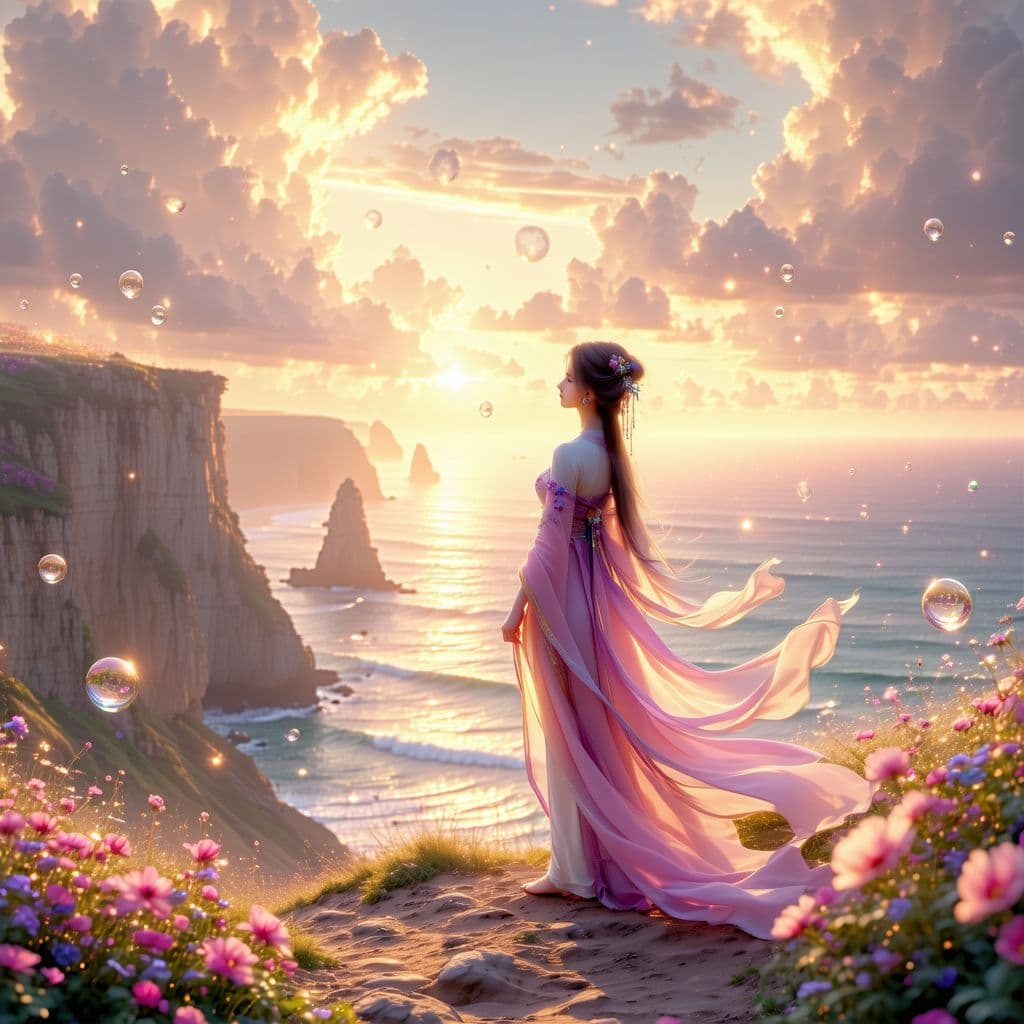 AI generated: A serene woman standing on a cliff, gazing at the horizon where the ocean meets the sky, golden suns...