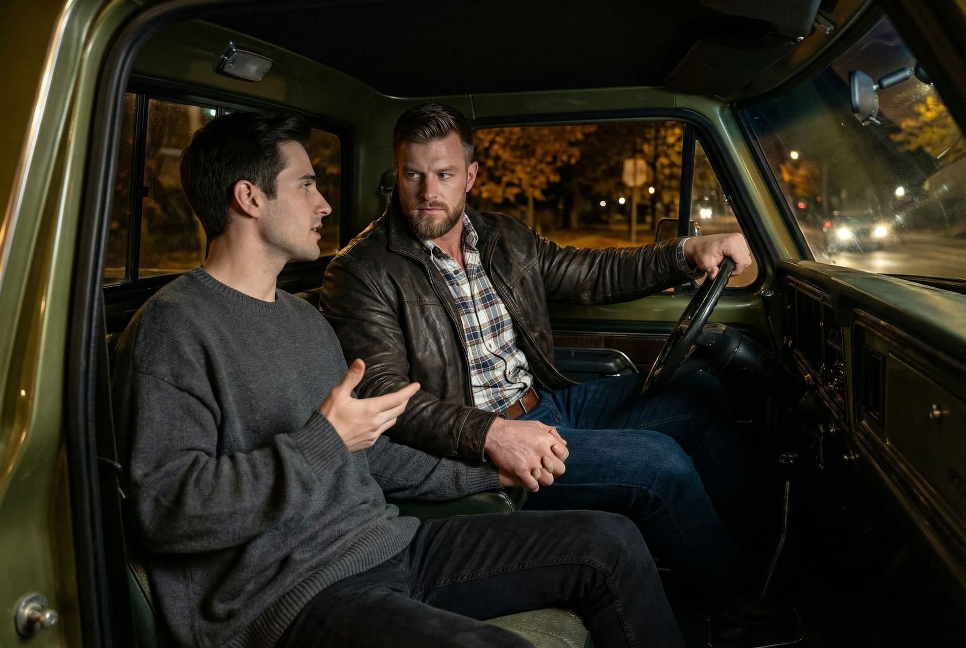 AI generated: In an Autumn night, the model is driving a Ford olive green pick up truck. 

He is driving the pick ...