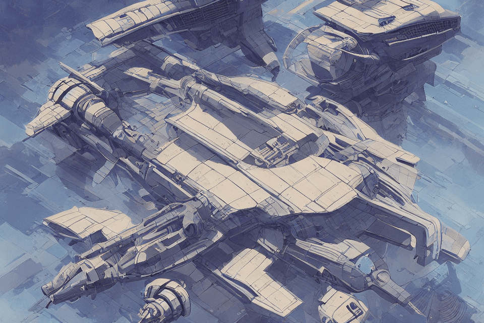 AI generated: sketches blueprint of futuristic sci-fi huge spacecraft, warp engines, formulas and annotations, sch...