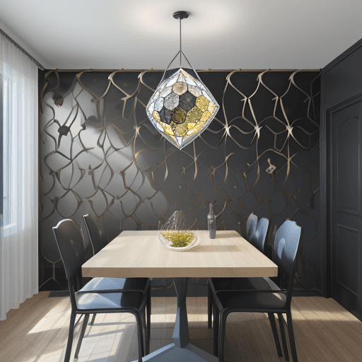 AI generated: polyhedral fish, metal sheet on dining room wall, medium size.