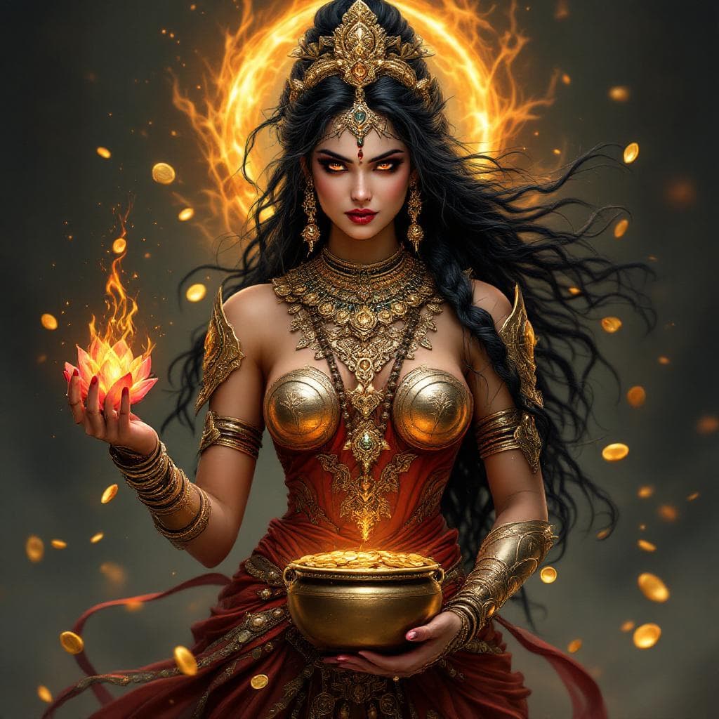 AI generated: an ultra-realistic, full-body portrait of a captivating Devi Lakshmi with 2 hands wach carrying lotu...