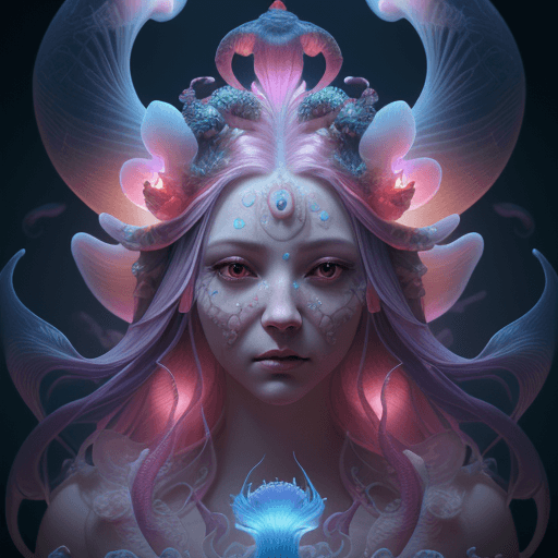 AI generated: Goddess close-up portrait ribcagel. jellyfish phoenix head, nautilus, orchid, skull, betta fish, bio...