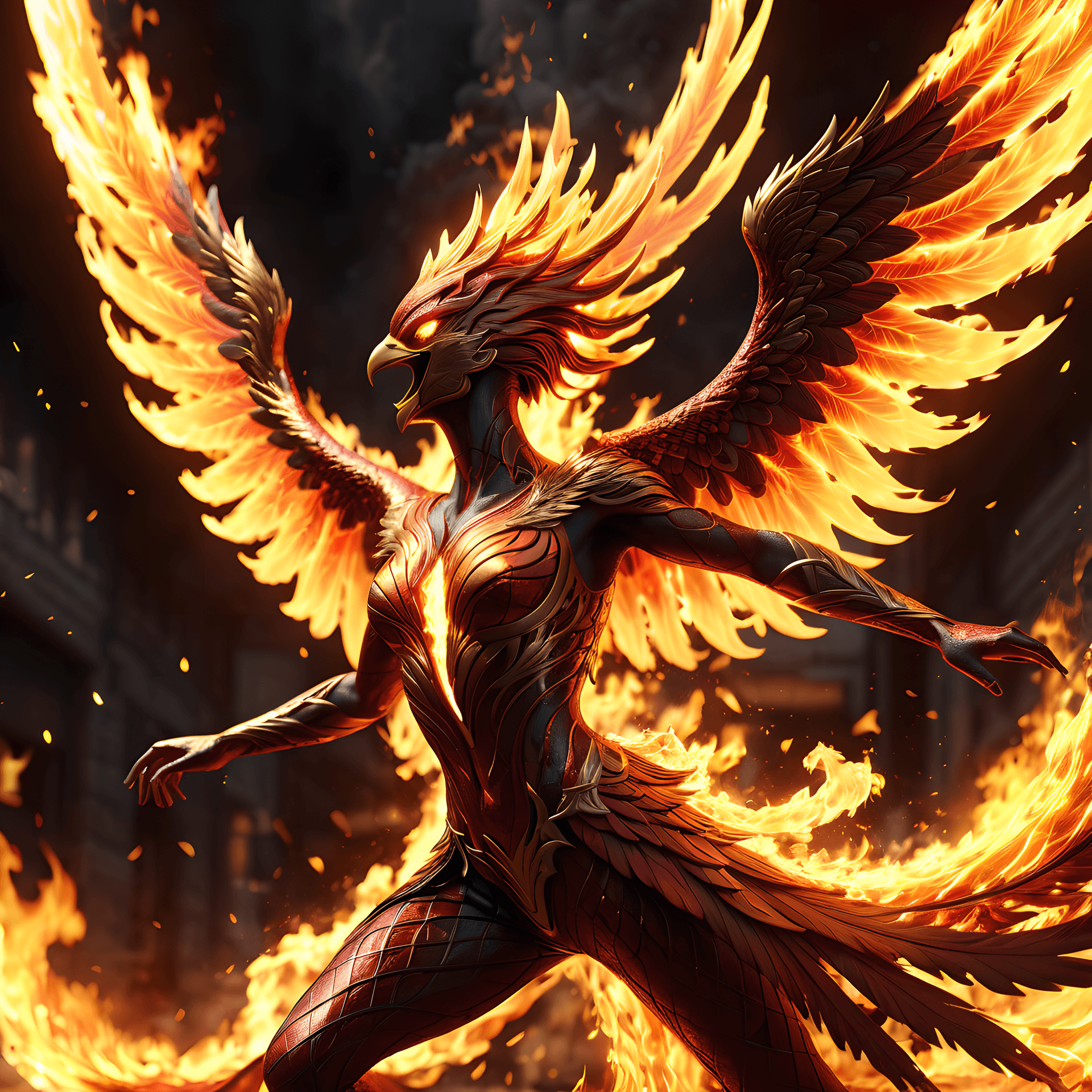 AI generated: Flames burn in the body of the phoenix, wings made of flame,flame passes through the body, Flames sw...