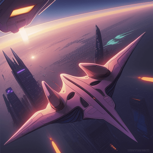 AI generated: style of moebius, spaceship soaring through sky, background city, dawn, traffic