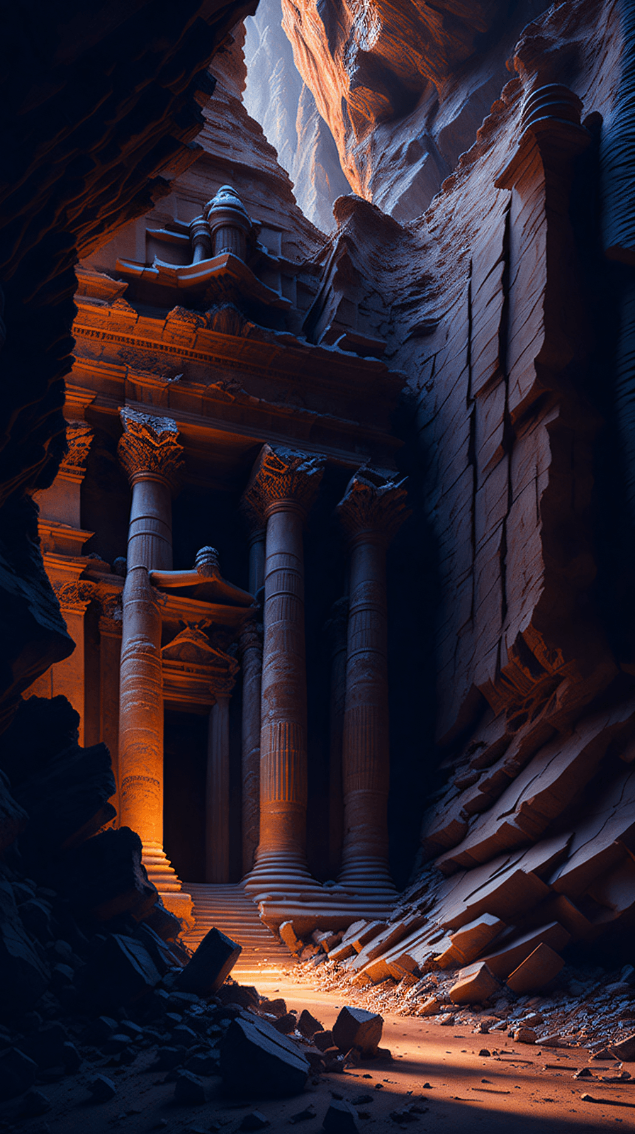 AI generated: (masterpiece Illustration, best quality:1.2) A ruined Sumerian Temple, hidden in a canyon wall , deb...