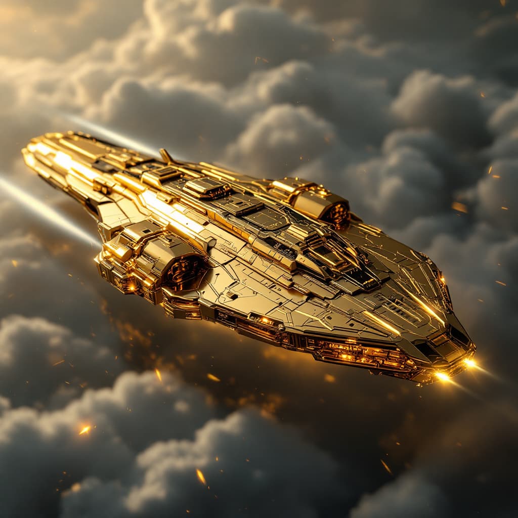 AI generated: hyper realistic, futuristic space ship made of gold and vibranium. the ship reflects more of the gol...
