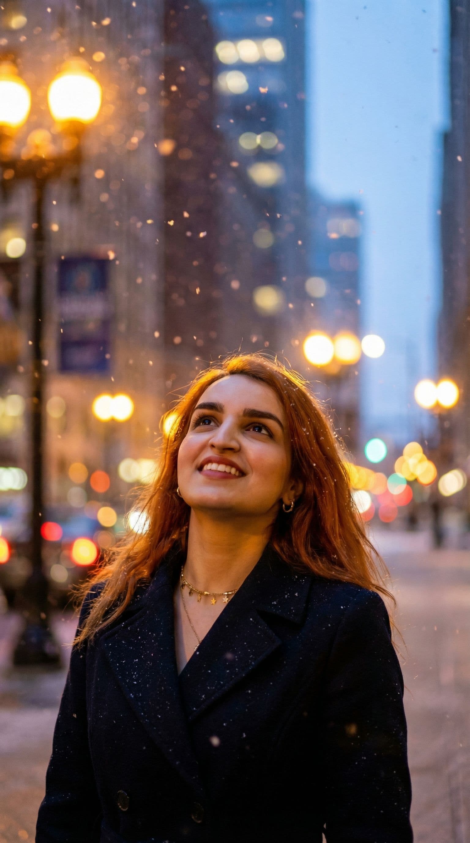 AI generated: The uploaded woman looking up as snow falls amidst city lights at dusk,  highres, realistic photo, p...