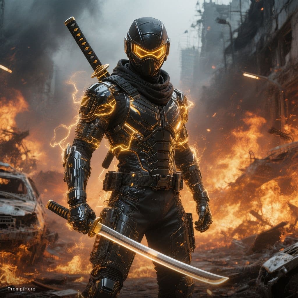AI generated: A futuristic ninja warrior standing confidently in a desolate, post-apocalyptic landscape engulfed i...