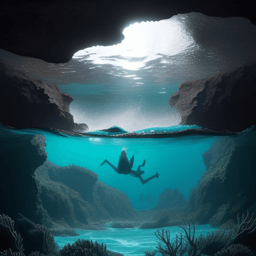 AI generated: 2 wales in open clear ocean, many sea caves, sea weed