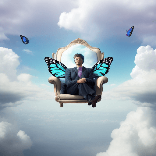 AI generated: Man seating in clouds with butterfly