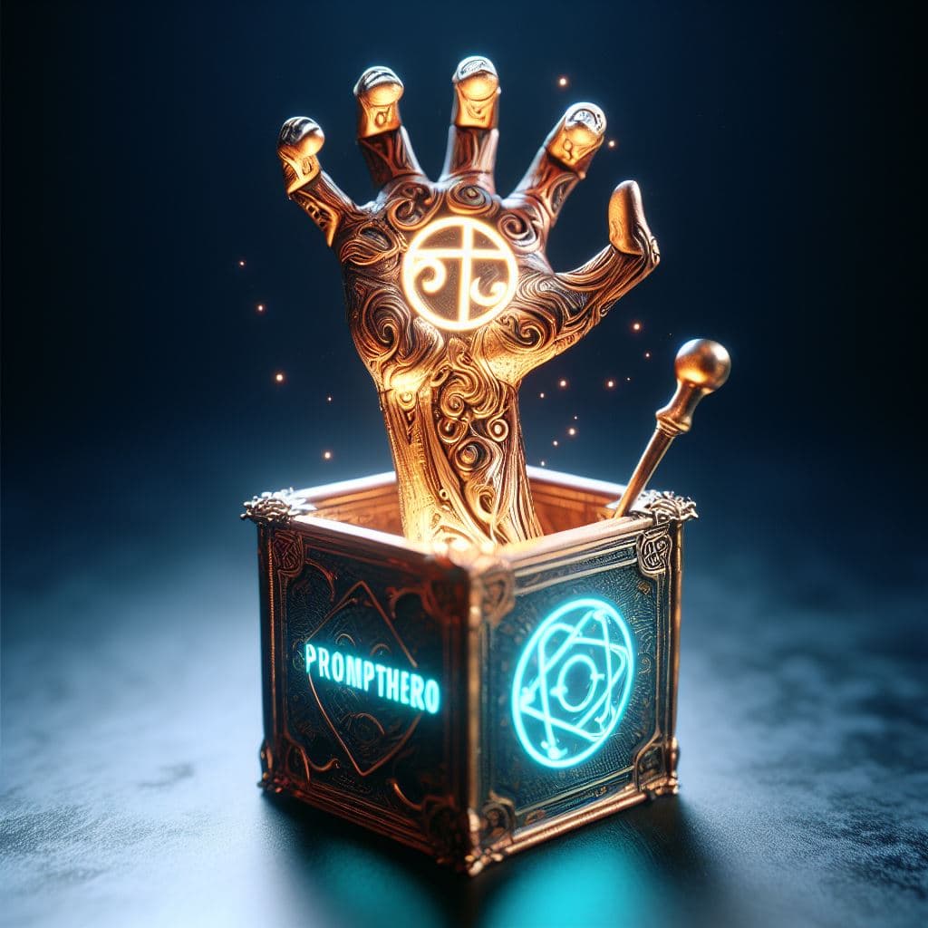 AI generated: A mesmerizlingly beautifully detailed and intricate Jack in the box with its hand sticking out hold ...