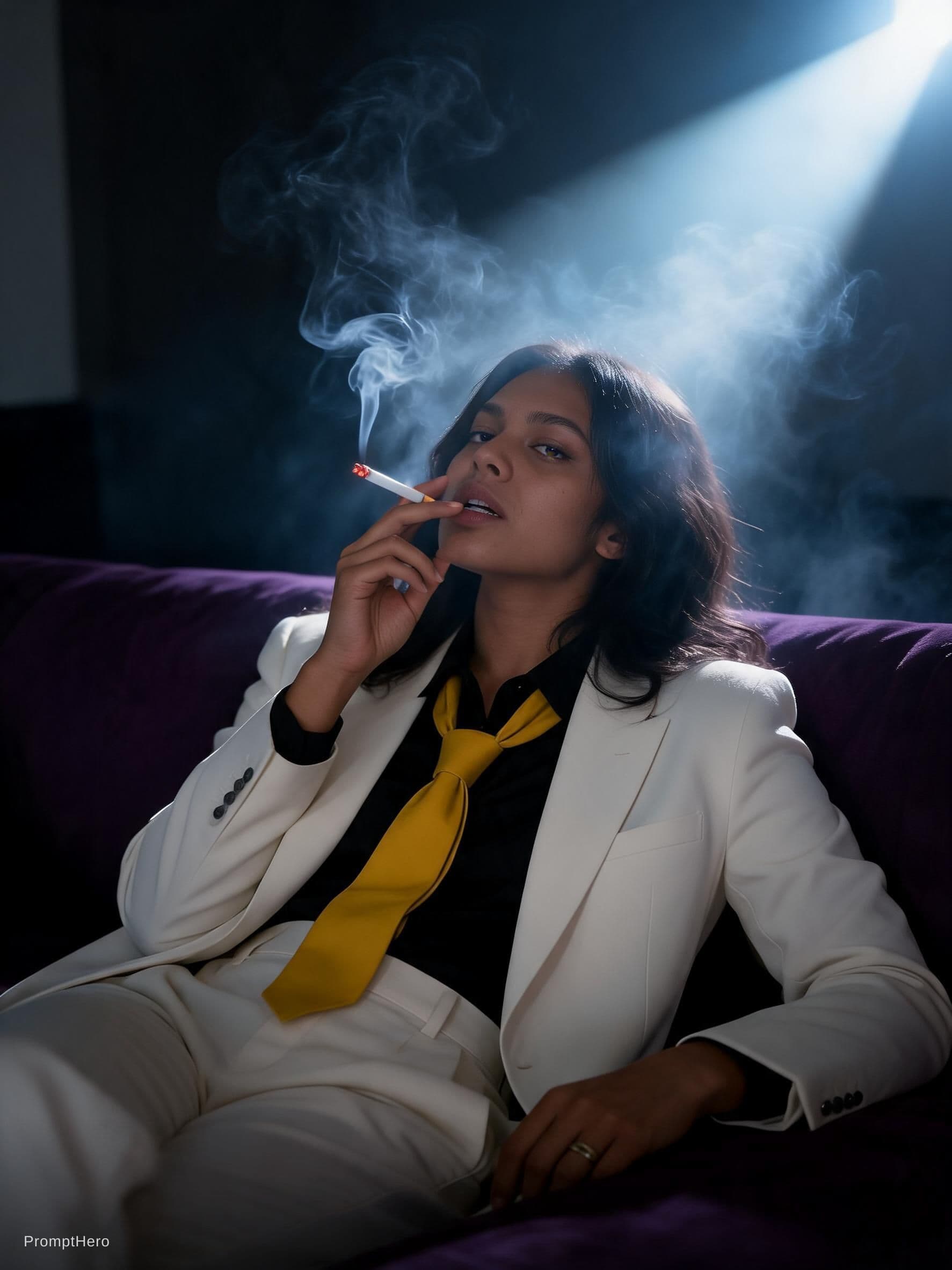 AI generated: snapshot, dimly lit room with a hazy atmosphere, capturing a female model lounging on a deep purple ...