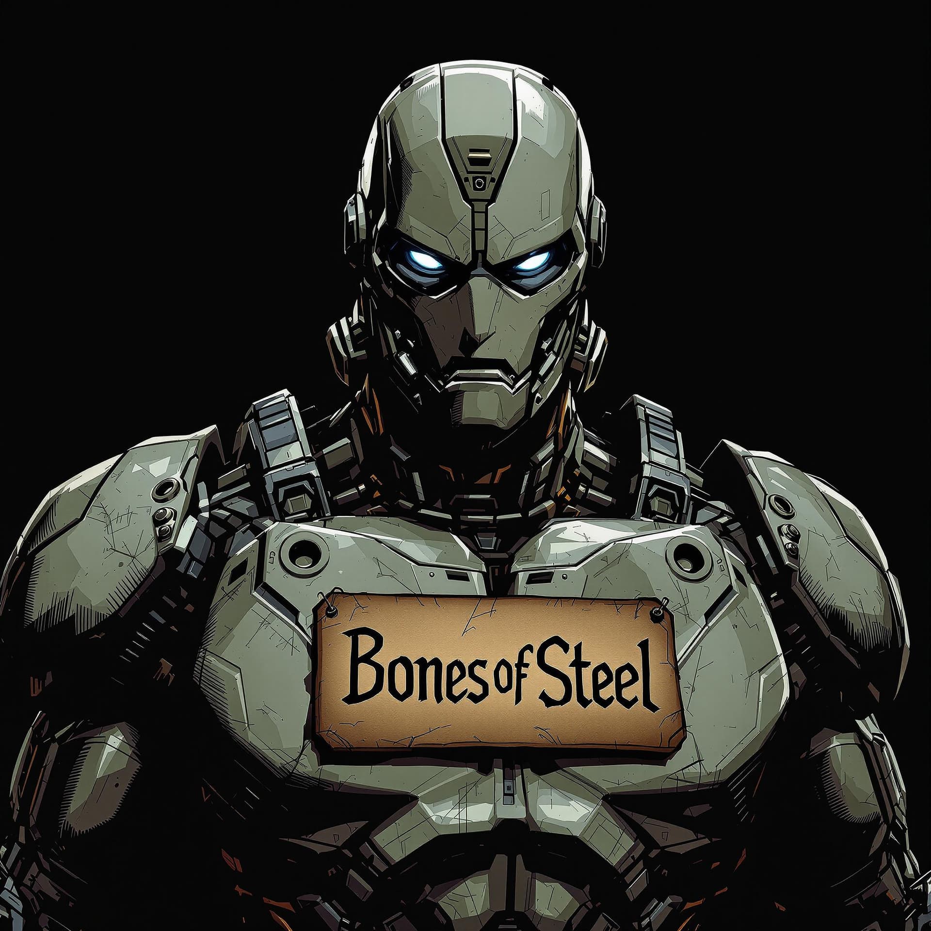 AI generated: dark background,
Human looking robot fighter,"BonesOfSteel" written on a tag on chest 