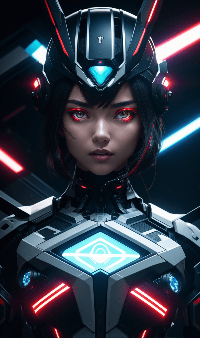 AI generated:  Futuristic cyborg girl featuring a captivating cybernetic helmet adorned with vibrant triangular re...