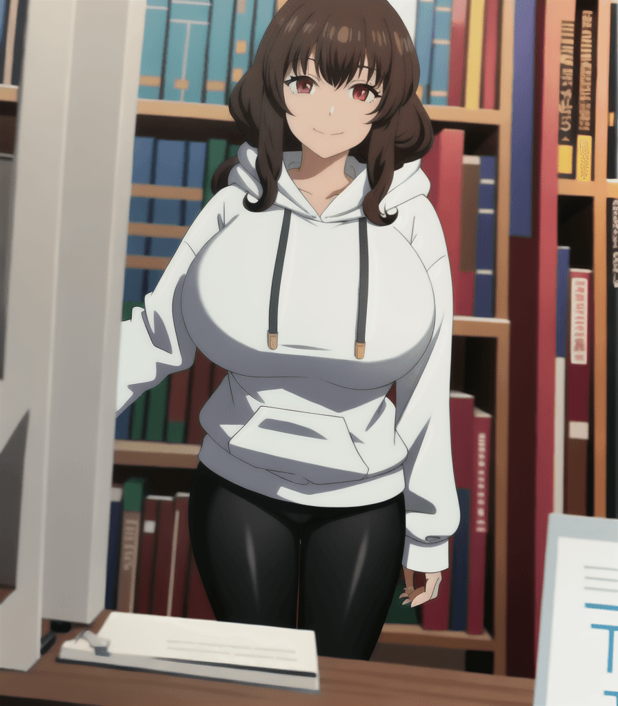AI generated: (perfect anime illustration), 1girl, curly brown hair, best girl hair, indoors, library, standing, b...