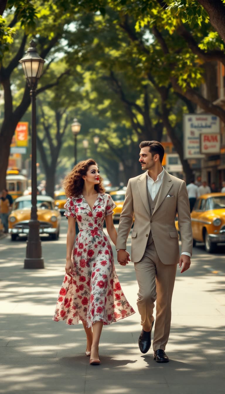 AI generated: A young couple from the 1950s walking along the vibrant and busy streets of Vali Asr Street (formerl...