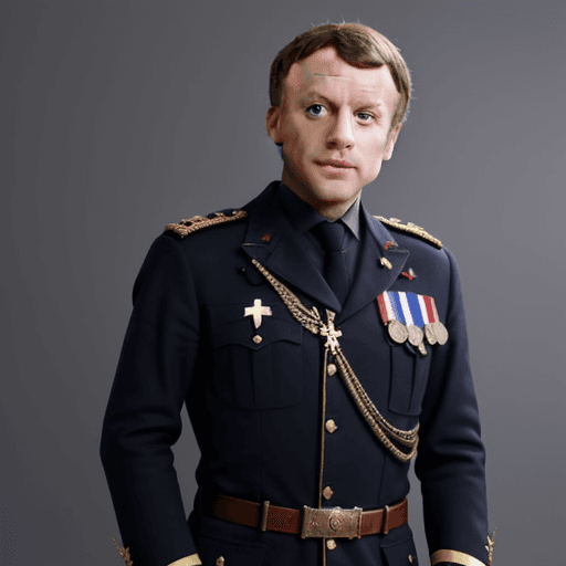 AI generated: French president macron wearing military outfit and ready for war against russia