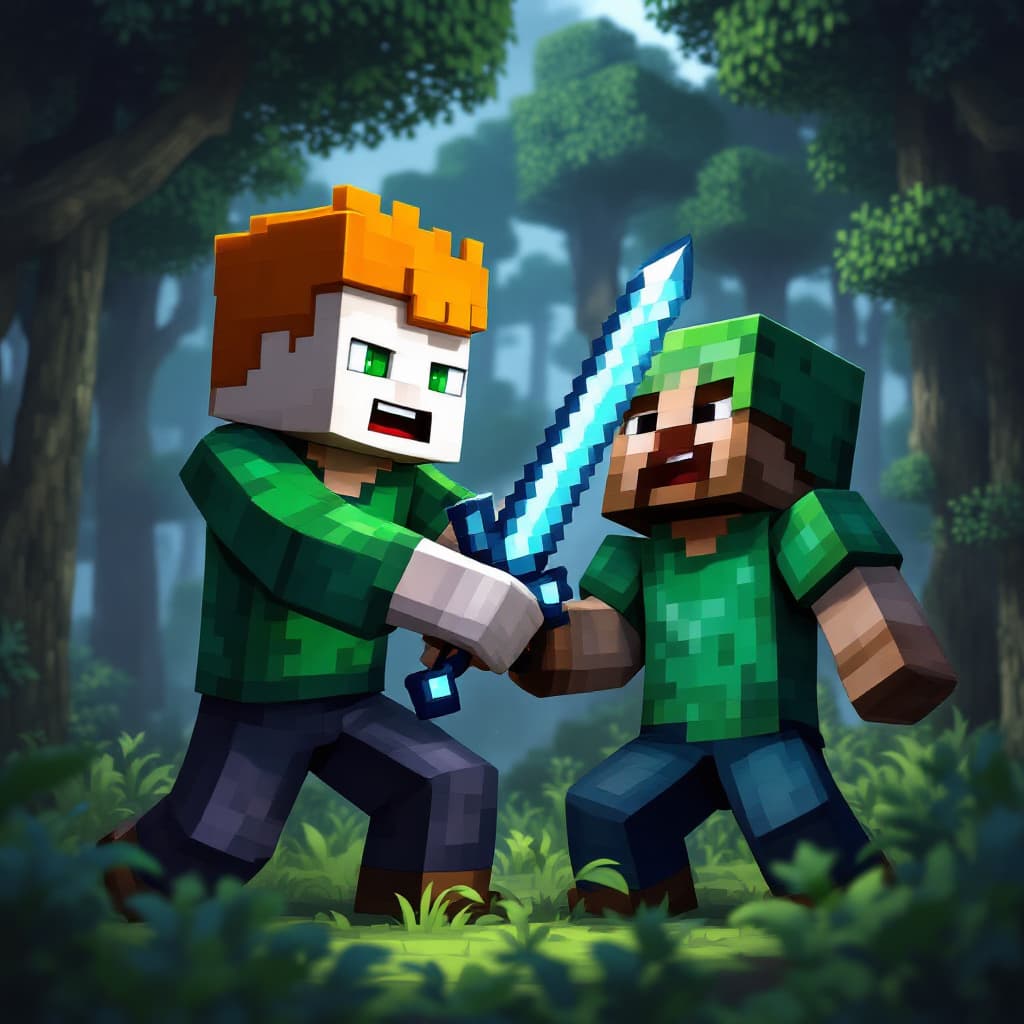 AI generated: ginger with white skin, green eyes and a green shirt in minecraft attacking a creeper with a diamond...