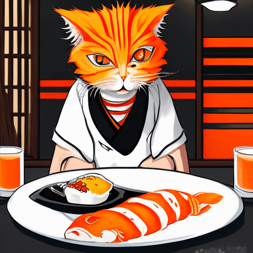 AI generated: Highest quality, perfect masterpiece, perfect art, 8K, (orange cat, sushi, eating sushi in a restaur...
