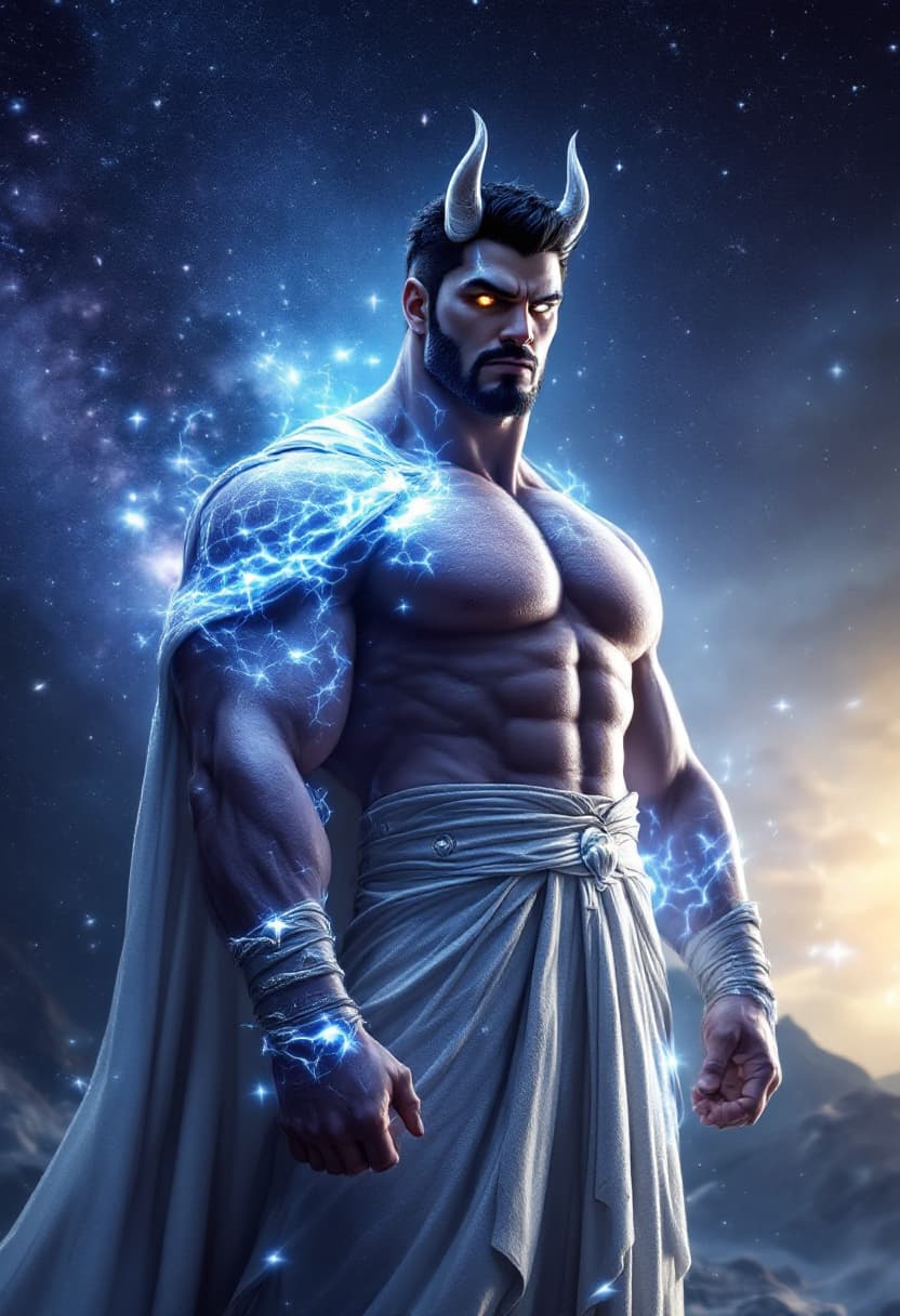 AI generated: God of Gods Muscular and tall Full body with short black and white hair with Black cleanly trimmed s...